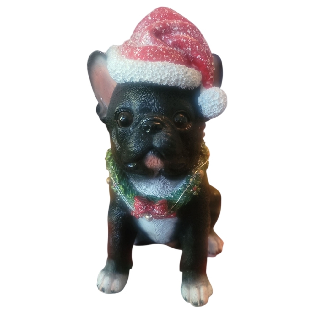 Festive light up Christmas Santa hat frenchie french bulldog Dog Figurine statue - Picture 1 of 7